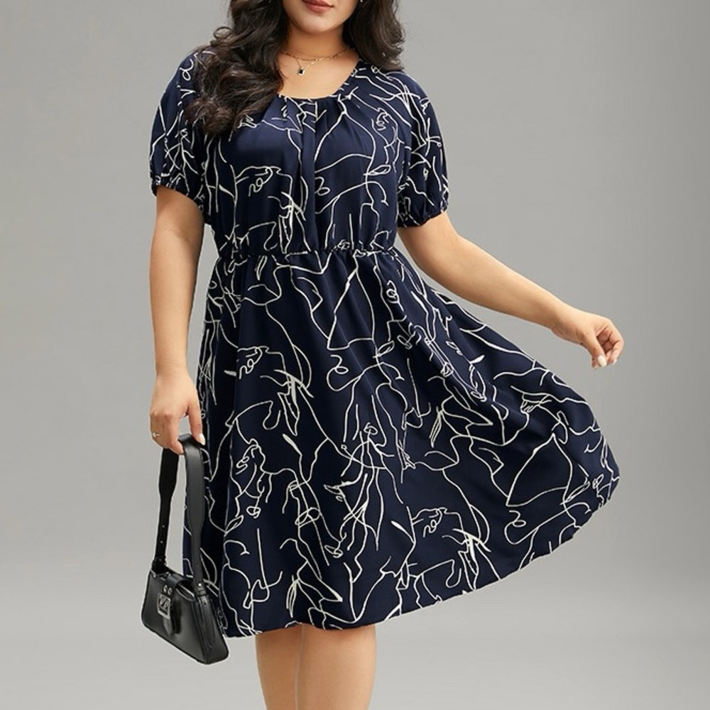 BloomChic Navy & White Graphic Design Elastic Trim Puff Sleeve Dress Size Medium